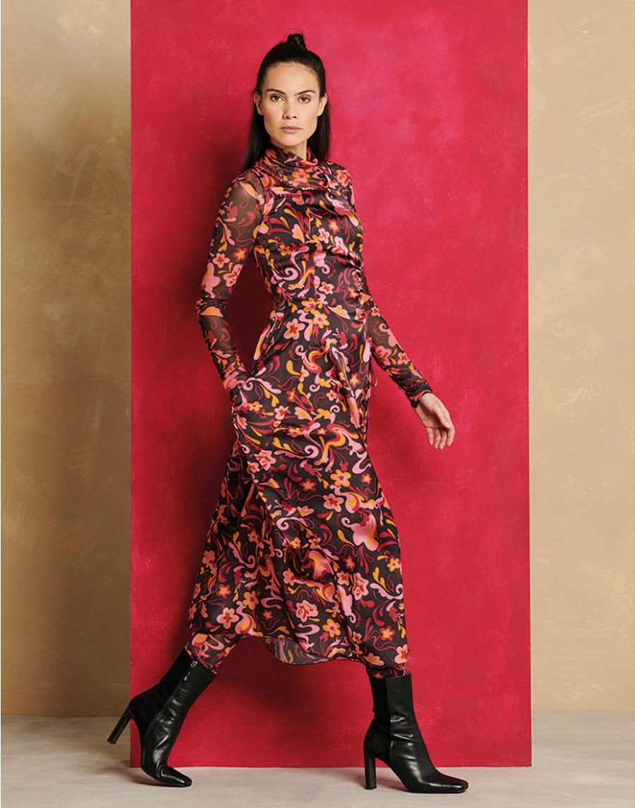 HIGH S21668 CHARMING PRINT LS DRESS